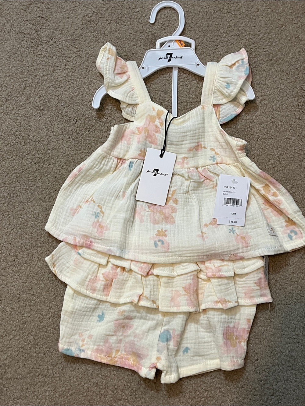 7 For All Mankind Baby Girl Floral Ruffle Top & Shorts Set 12M | NWT